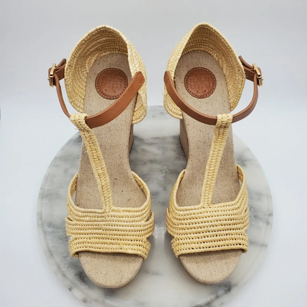 Tory Burch Carina Macrame Straw Wedge Sandals Royal Tan Leather T-Strap‎ US 9.5M